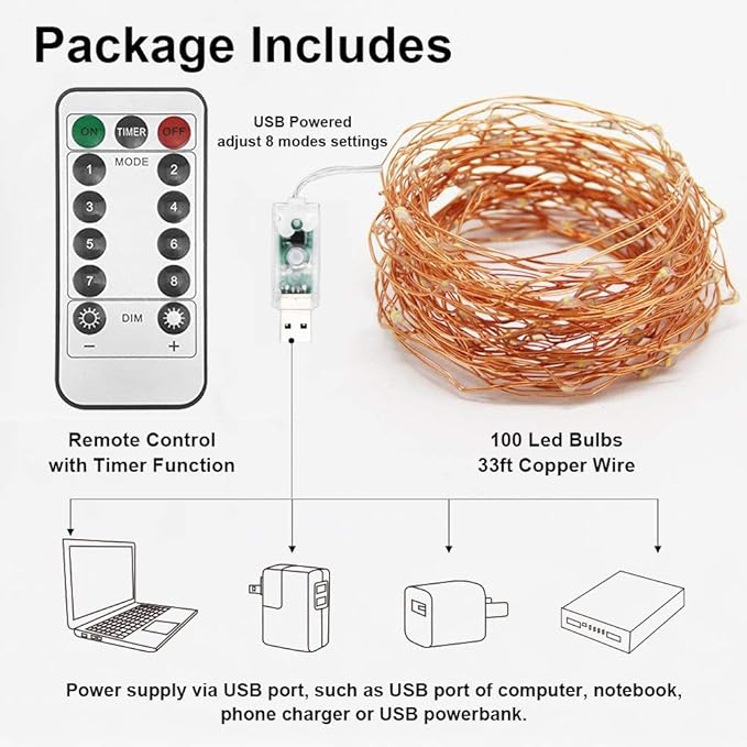 Twinkle Star 33ft 100LED Copper Wire String Lights Fairy String Lights 8 Modes USB Powered with Remote Control for Wedding Party Home Christmas Decoration, Warm White