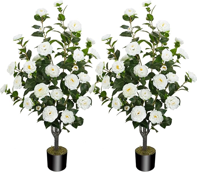 2 Pack 43.3"/3.6FT Artificial Camellia Tree Fake Outdoor Tree with 32 Blooming Flowers White Tree for Home Front Door Winter Christmas Indoor Decor (Including Dried Moss)