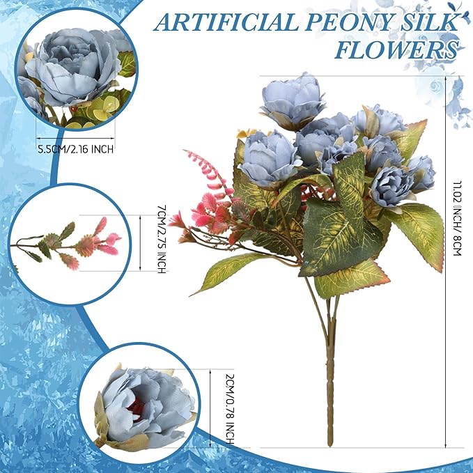 Geosar 8 Bundles Artificial Peonies Flowers Fake Silk Peony Bouquet Faux Peonies Flowers Bulk for Decoration Vase Floral Arrangements Wedding Party Table (Blue)
