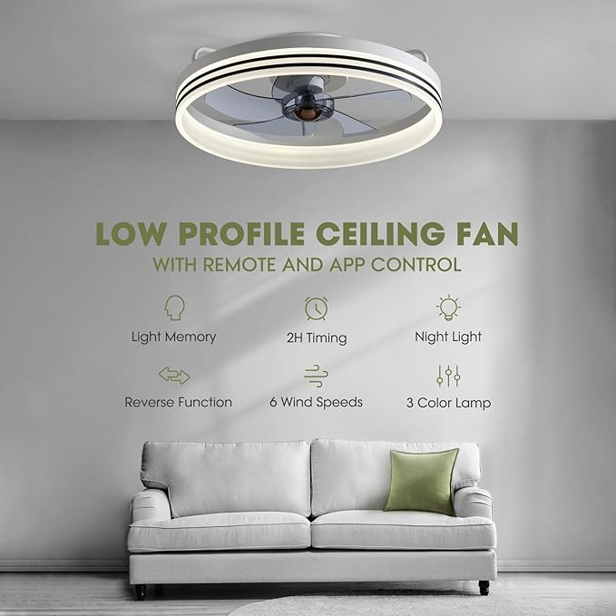 Ceiling Fans with Lights, Flush Mount Ceiling Fan with Lights and Remote, 6 Wind Speeds Smart Low Profile Ceiling Fan for Bedroom, Dining Room and Kitchen 20" (White)