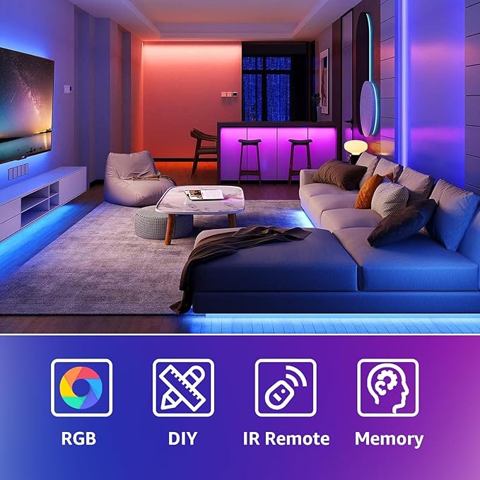 hyrion 200ft Led Strip Lights(2 Rolls of 100ft) for Bedroom with 44 Keys Remote,24 Volt Dimmable RGB Color Changing Led Lights for Bedroom,Living Room,Kitchen,Desk,Home Decoration