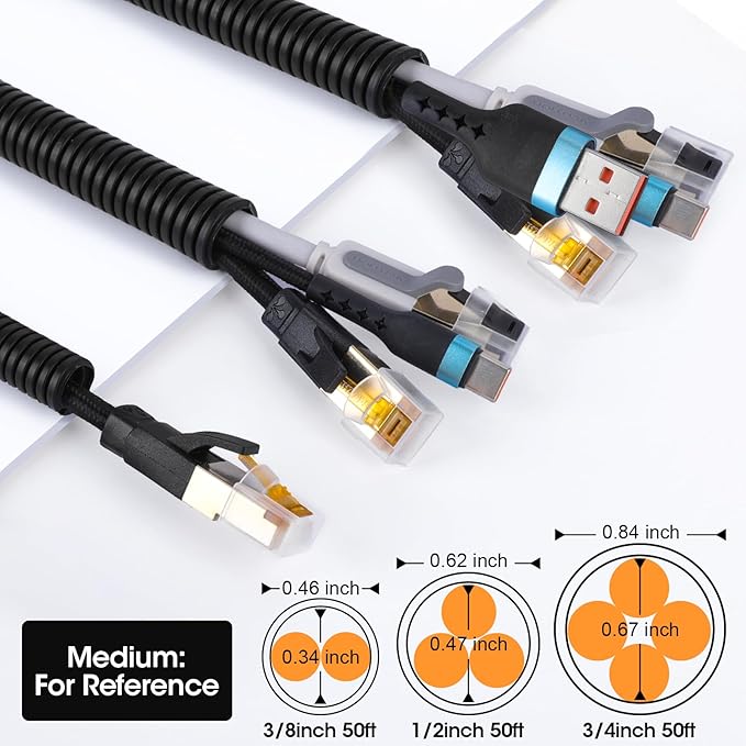 Wire Loom 3/8", 1/2", 3/4 Inch x 50 FT, Split Wire Loom Tubing Wire Conduit, Wire Protector Tubing, Cable Sleeves Bulk, Black