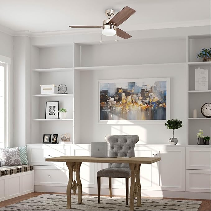 Prominence Home Reston, 42 Inch Modern Farmhouse LED Ceiling Fan with Light, Pull Chain, Dual Mounting Options, Dual Finish Blades, Reversible Motor - 51014-01 (Brushed Nickel)