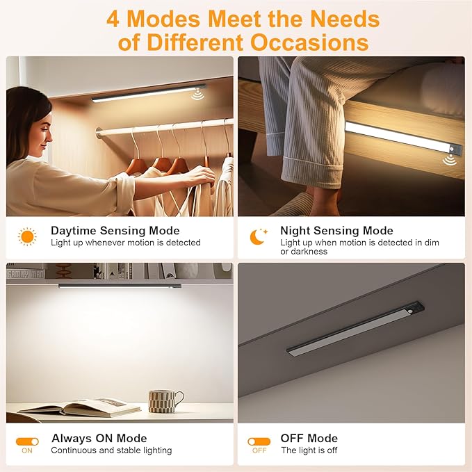 Gritin 14.7inch Under Cabinet Lighting Rechargeable - 128 LED Super Bright, 3-Color&5 Level Brightness, 4 Modes, Motion Sensor, Long Lasting-Easy Installation Magnetic Closet Lights - 2 Pack-Black