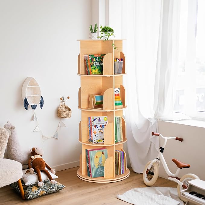 OOOK Rotating Bookshelf for Kids & Adults, Spinning Bookshelf Tower with Large Capacity for Small Space, 360° Display 4 Tier Floor Small Round Corner Shelf for Library, Bedroom, Living Room, Office