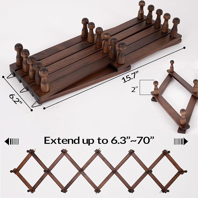 Hat Rack for Wall, Expandable Wall Hat Holder with 16 Hooks, 16 inch Wooden Wall Hook for Baseball Caps,Cowboy, Bag,Hoodie(Brown)
