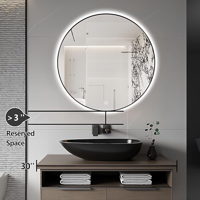 24" Round LED Bathroom Mirror, Wall Mounted Backlit Vanity Mirror with 45° Beveled Frame Lighted Mirror for Bedroom, Fog Free 3-Color Dimmable Lights Memory Function, Black