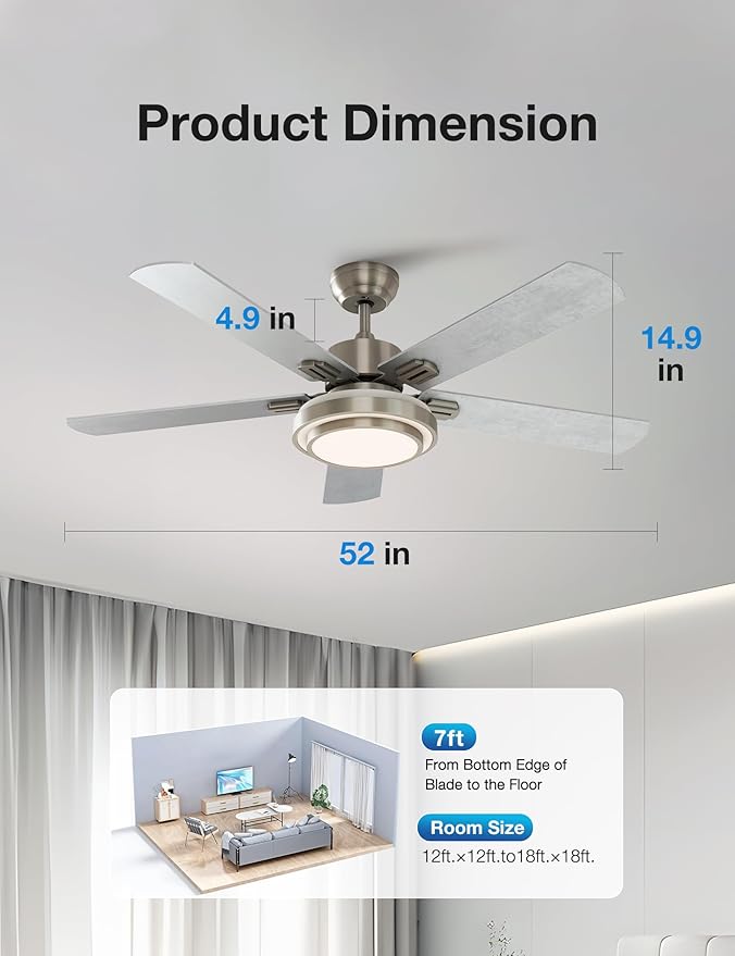 warmiplanet Ceiling Fan with Lights Remote Control, 52 Inch, Brushed Nickel (5-Blades)