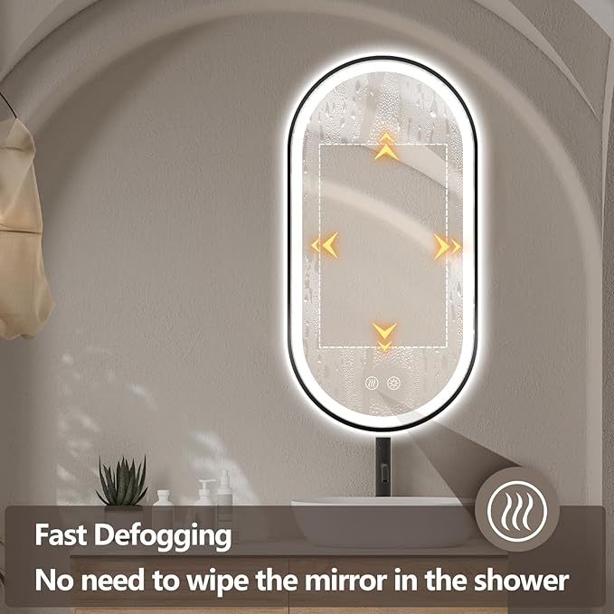 Niccy Oval LED Mirror for Bathroom, 48x24 Front Lit + Backlit Vanity Mirrors with Light Anti-Fog, Shatter-Proof, 3 Colors, Makeup Mirror with Black Frame (Horizontal/Vertical)