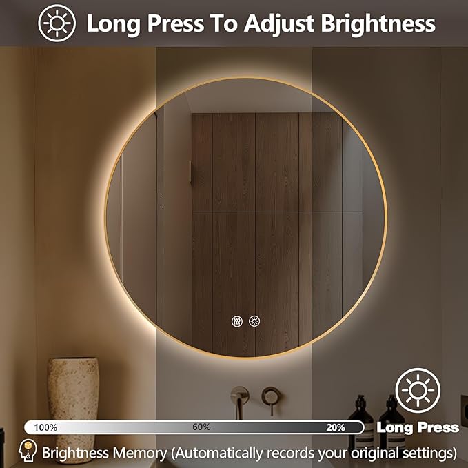 Niccy Round Led Mirror for Bathroom, 32" Backlit Mirror for Wall Circle Lighted Mirror with Gold Frame Anti-Fog, 3 Colors, HD Glass and IP65 Waterproof