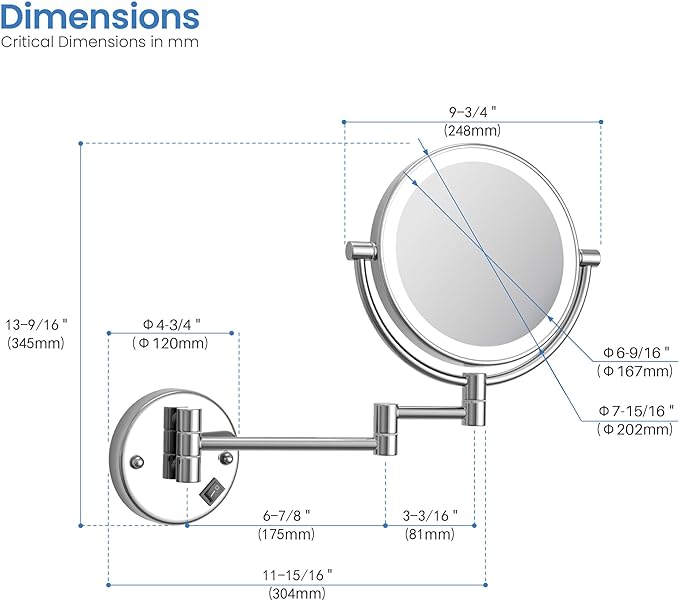 KIBI Circular Wall Mount Makeup Mirror with LED Lights, Dual-Sided 1x/5x Magnifying Mirror with Adjustable Arm, 360° Swivel, Solid Brass Construction for Durability and Style (Chrome, KMM101)