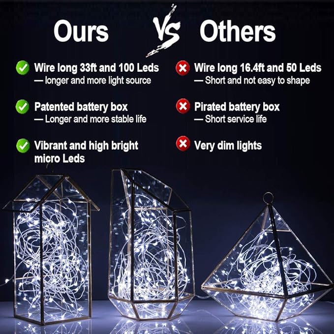 MUMUXI 2 Pack 33ft Remote Control Fairy Lights Battery Operated String Lights with Timer, 100 Twinkle LED for Outdoor, Waterproof Silver Wire Firefly Lights, Cool White