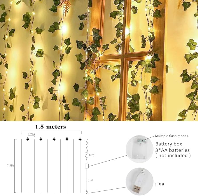 RECUTMS Vines with Lights Strings 59 Inches Wall Leaves Artificial Ivy Greenery Garland Fake Green Decorations Hanging Silk Leaf Plant All Year Round for Garden Office Wedding Table