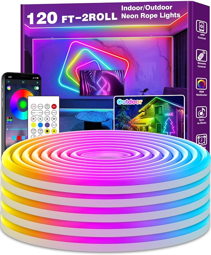 120Ft Neon Rope Lights,Flexible Led Rope Lights Control with App/Remote,Multiple Modes Rope Lights,IP65 Outdoor RGB Led Neons Lights,Music Sync Gaming Led Neon Light Strip for Bedroom Decor (120FT)