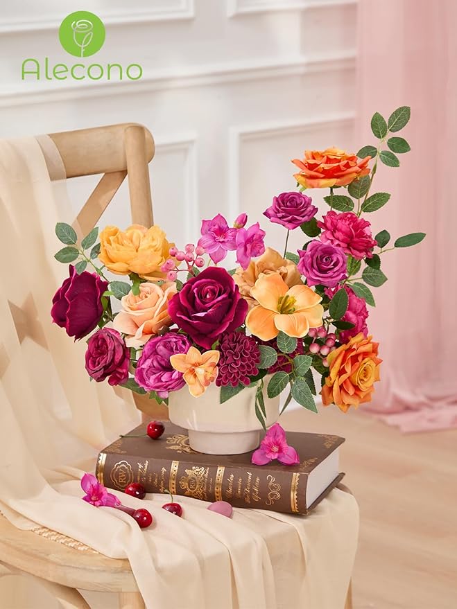 Alecono Artificial Flowers, Hot Pink and Orange Silk Fake Flowers for DIY Wedding Bridal Bouquets, Wedding Cake Flowers for Table Centerpieces Party Home Decorations