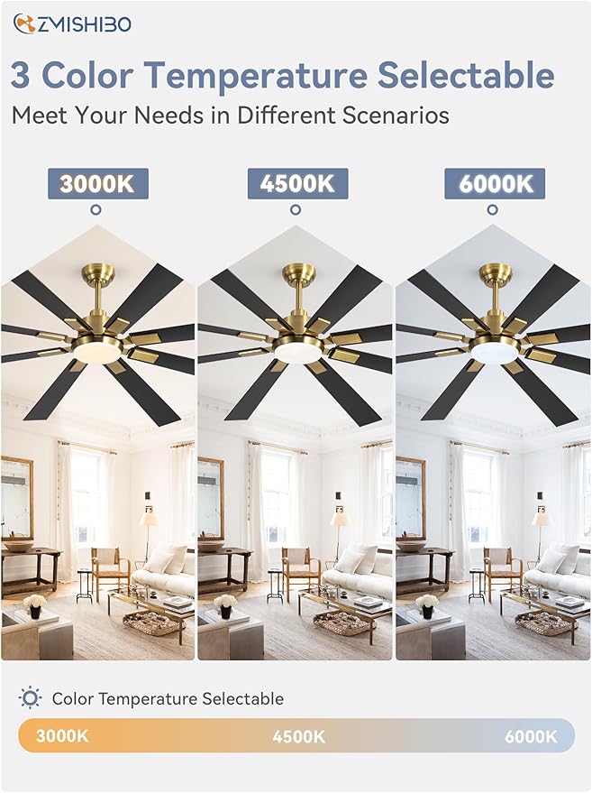 ZMISHIBO 72 inch Black and Gold Ceiling Fans with Lights and Remote, Indoor/Outdoor Ceiling Fan for Patio Living Room, 6 Speed Reversible Quiet DC Motor, 3 CCT, Dual Finish Blades