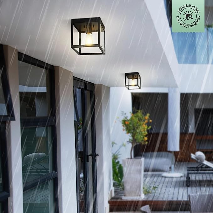 GLOBE Electric 60000020 1-Light Outdoor Flush Mount Ceiling Light Fixture, Matte Black, Clear Glass Shade, Front Porch Décor Lighting, Weather Resistant