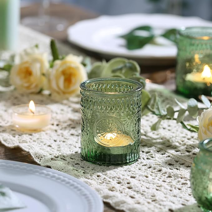 DARJEN 48Pcs Green Votive Candle Holders- Glass Candle Holders Bulk for Flameless LED Tea Waxes, Romantic Candle Holder for Wedding Decor, Various Parties & Dinner Table