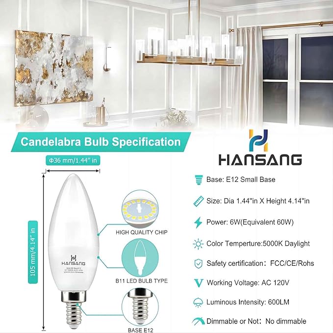 hansang 8 Pack E12 Candelabra LED Bulbs 5000K Bright Daylight, Small Base Ceiling Fan Light Bulb 6W, Type B Light Bulb for Chandelier, Candle Shape B11 Light Bulb, 600LM, Non-dimmable