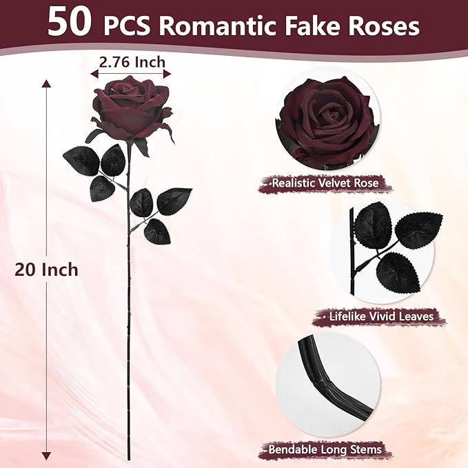 BLEUM CADE 50 Pcs Black Roses Artificial Flowers, Real Touch Velvet Roses Fake Flowers Bulk, Artificial Roses Bouquet with Long Stems for DIY Table Centerpiece Halloween Decorations