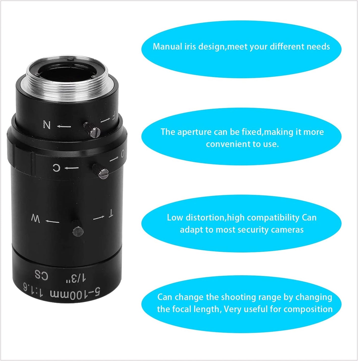 Zoom Camera Lens, 1.3MP Zoom CCTV Lens CS Mount Manual Aperture 5-100mm Aluminum Alloy Low Distortion High