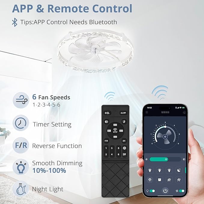 LEDIARY 24 Inch Ceiling Fans with Lights and Remote, Modern Dimmable Low Profile Ceiling Fan, White Flush Mount Ceiling Fan with 3 CCT and 6 Speeds