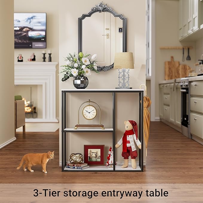 WOHOMO Console Table, 12 Inch Narrow Entryway Table for Living Room, 31.5 Inch Modern Industrial Sofa Table with 3-Tier Storage Shelves for Corridor, Hallway, White Marble