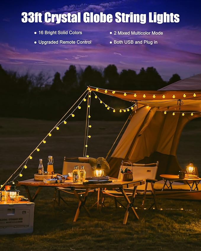 Minetom Crystal Globe String Lights - 33 ft 100 LED USB Color Changing Globe Ball Fairy Lights with Remote and Timer, Waterproof for Bedroom Tent Loft Bed Window Party, 16 Colors and Multicolor, RGB