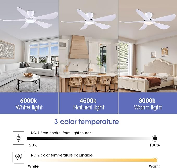 52 Inch Modern Ceiling Fans with Lights, Flush Mount Ceiling Fan with Light and Remote/APP Control, 5 Reversible 6 Speeds Curved Blades, 3 CCT Dimmable Lights for Bedroom, White