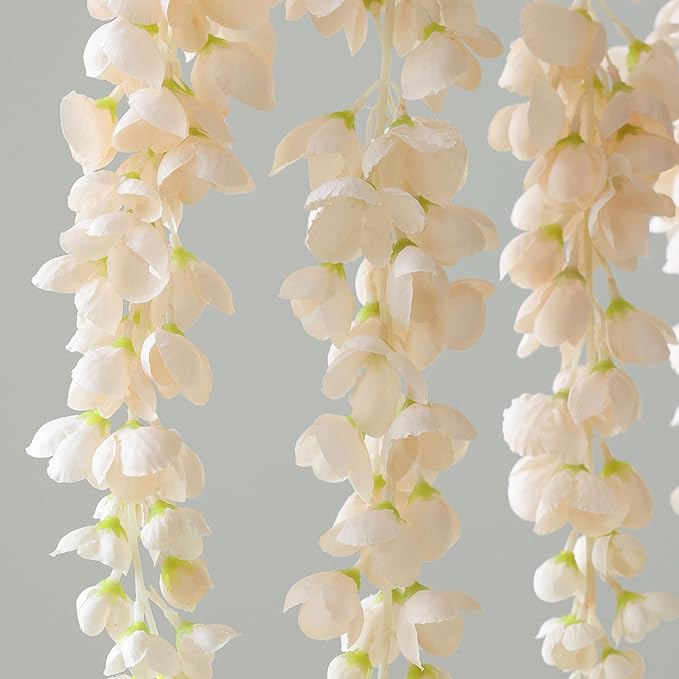 mizii 6Pcs Beige Wisteria Hanging Flowers 48" Silk Wisteria Artificial Flowers Garland Vines Fake Hanging Flowers Decoration for Wedding Flower Wall Backdrop Centerpieces Party Room Decor (Beige)