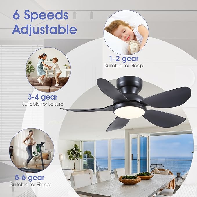 36 Inch Modern Ceiling Fans with Lights, Small Flush Mount Ceiling Fan with Light and Remote/APP Control, 5 Reversible 6 Speeds Curved Blades, 3 CCT Dimmable Lights for Bedroom, Black