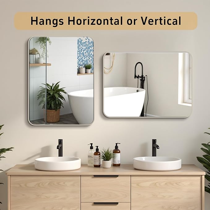 24"x36" Brushed Nickel Bathroom Vanity Mirror for Over Sink, Rounded Rectangle Silver Metal Frame Mirror for Wall, Living Room, Entryway, Vertical or Horizontal