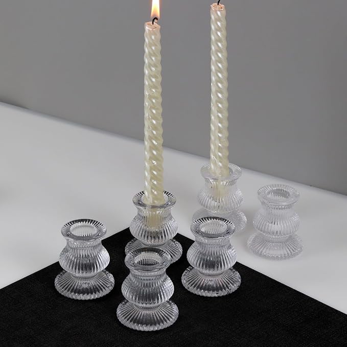 WDHODEC Clear Glass Candlestick Holders 12PCS Taper Candle Holders for Table Centerpiece Colorful Candle Sticks for Wedding, Party and Festival Decoration