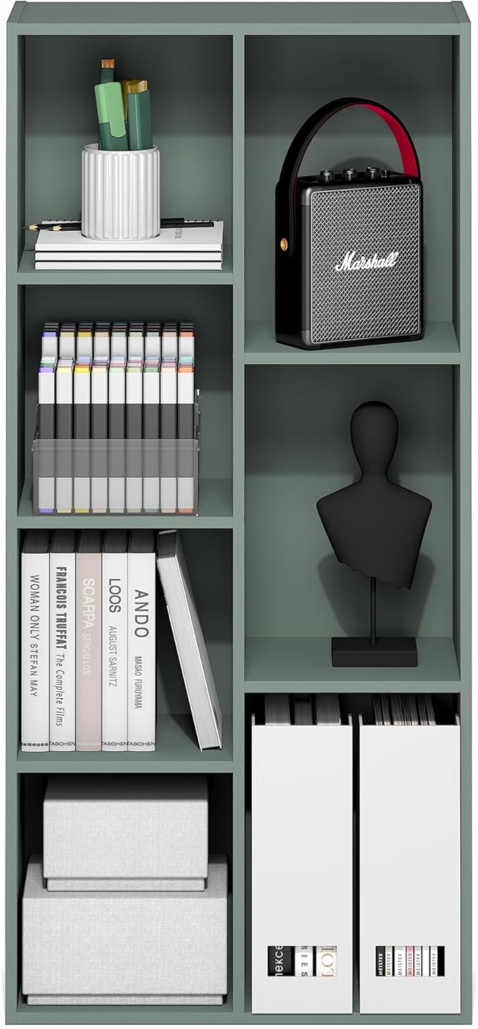 Furinno LUDER Book Shelf, 7-Cube Bookshelf, Bookcase, 9.4" x 19.5" x 41.7", for Living Room, Bedroom, Home Office, Sage Green