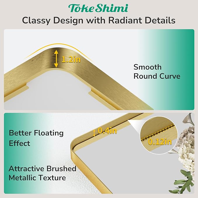 TokeShimi Gold Bathroom Mirror 22x30,HD Tempered Glass,Brushed Gold Bathroom Vanity Mirror for Over Sink,Aluminum Framed Mirror Wall(Horizontal/Vertical)