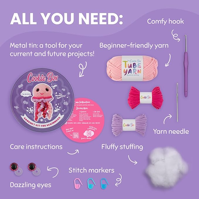 Cookie Box Crochet Kit for Beginners - Learn to Craft Amigurumi Stuffed Animals - Knitting Gift for Kids and Adults - Beginner-Friendly Yarn - Stitch-by-Stitch Video Tutorial - Jellyfish Jenny