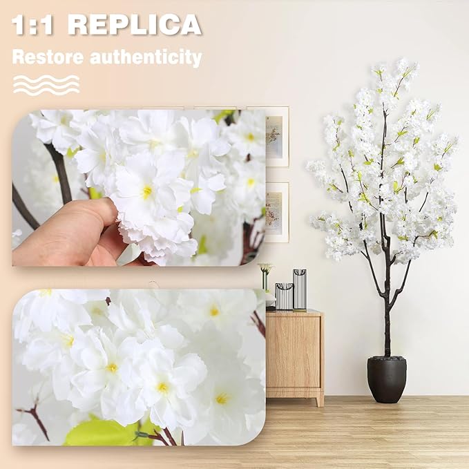 Indoor Cherry Blossoms Tree White Artificial Cherry Blossom Tree 6FT Faux Bedroom Trees for Home Decor