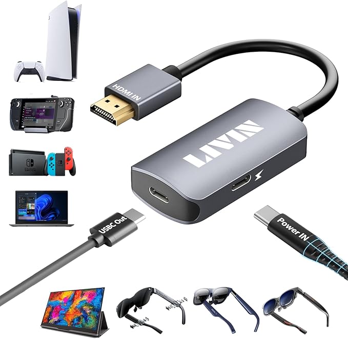 HDMI to USB C Adapter (4K@60Hz) Portable Monitor, AR Glasses XREAL One、Air 2 Pro/VITURE Pro/RayNeo Air 2s/Rokid, HDMI Male(Source) to USB C Female(Display) Laptop,Switch,ROG Ally,Steam Deck,PS4/5,Xbox