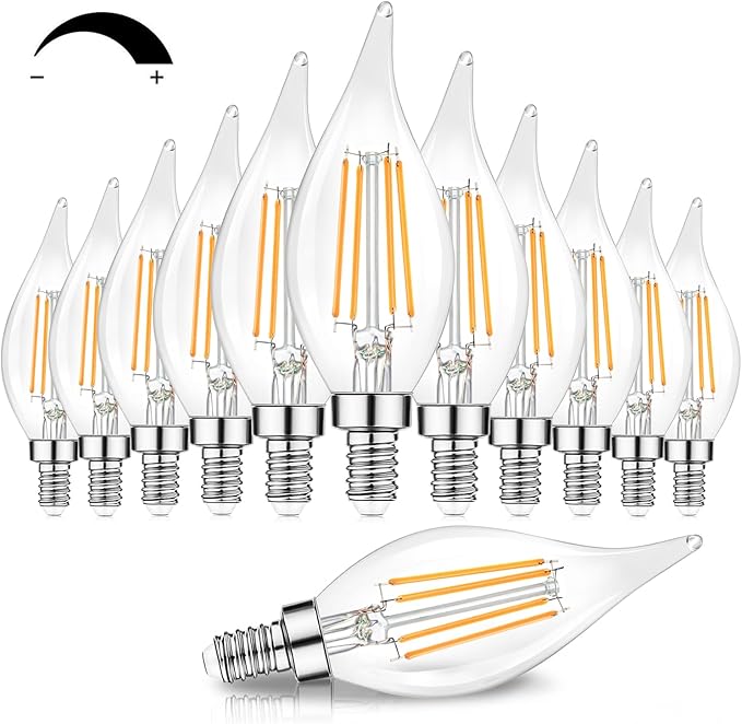 Dimmable E12 Candelabra LED Bulbs 60 Watt Incandescent Equivalent, 2700K Warm White, Clear Filament LED Chandelier Light Bulbs 6W, 600lm, CA11 Vintage Ceiling Fan Light Bulb with Flame Tip, 12-Pack