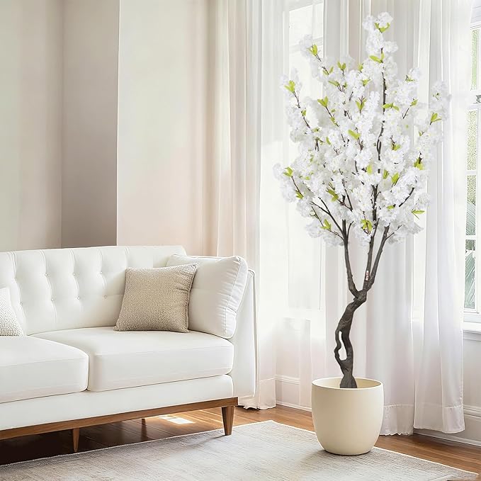 Faux White Cherry Blossom 6ft(72in) Tall Artificial Plant Indoor Decor Handmade Natural Fake Cherry Blossom Tree for Wedding Realistic Cherry Plant in Pot for Home Living Room,Office,Outdoor Decor.