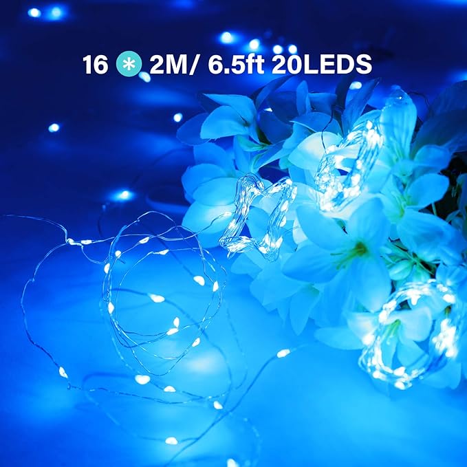 Onforu 16 Pack Blue Fairy Lights Battery Operated String Lights, 6.5ft 20 Mini LED Lights, IP67 Waterproof Twinkle Lights for Mason Jar Wedding Centerpiece Decor Christmas Bedroom