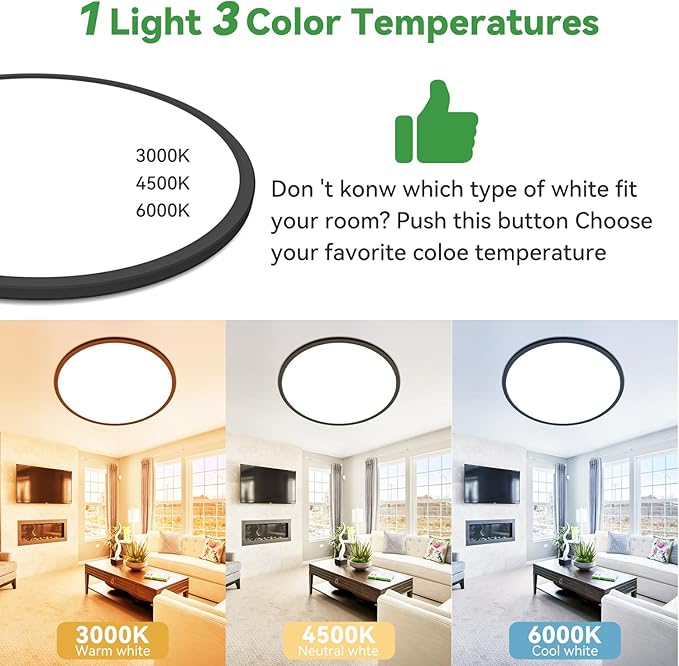 hepside 15.8INCH Big Dimmable Flush Mount Ceiling Light Fixture Black, 3CCT 3000/4500/6000K Ceiling Lamp, 36W 4200LM Super Bright Low Profile Light for Bedroom, Kitchen, Bathroom, Hallway