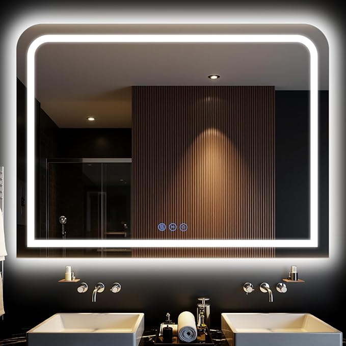 LED Bathroom Mirror, 48"x 36" LED Mirror with Lights for Bathroom, Lighted Vanity Mirrors for Wall, Anti-Fog, Dimmable, Tempered Glass, Memory Function, 3 Colors, Safe Use (White)