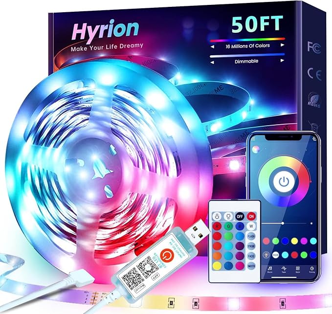 hyrion 50ft USB-Powered RGB LED Strip Lights, Music Sync & Sound-Reactive Color Changing Lights for Bedroom, TV Backlight, Gaming Setup, Bluetooth, IR Remote & Smart App Control