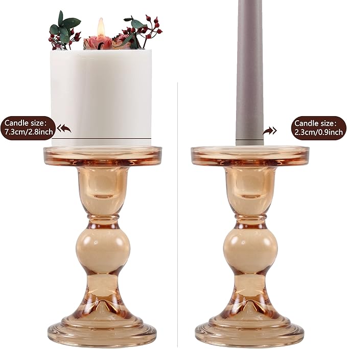 GMWD 3 Pcs Glass Candle Holder Set Clear, Amber Candlesticks Holders Pillar Taper Candles Tealight Stand for Wedding Centerpieces Home Decorations Dining Table