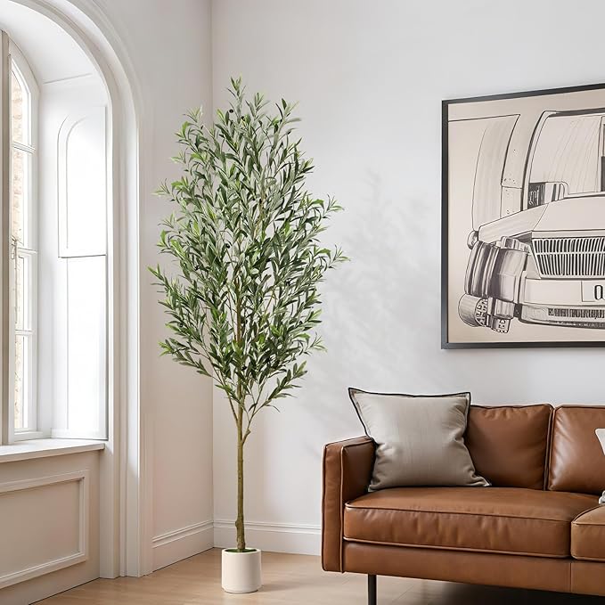 Alupssuc 7FT Artificial Olive Trees, Faux Silk Plant with Lively Artificial Trunk and Lifelike Fruits, Indoor Fake Potted Tree with White Planter for Modern Home Office Living Room Decor