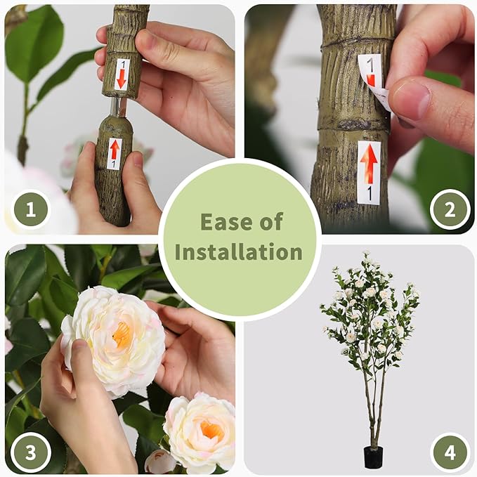 Faux Camellia Flower Tree 7ft(82in) Artificial Floor Plant for Indoor Decor Realistic Greenery Potted Tree with White Blooming Flowers and Natural Wood Trunk for Home Living Room,Office,Porch Decor