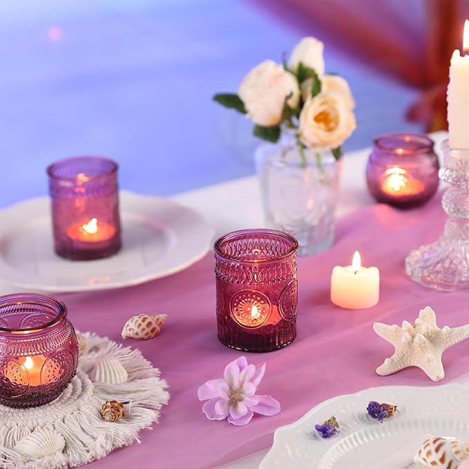 DARJEN 48Pcs Pueple Votive Candle Holders - Vintage Tea Lights Candle Holders, Glass Votives for Party, Wedding Table Centerpieces, Baby Shower Decor & Gift