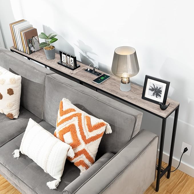 70.9'' Console Table with Power Outlet, Narrow Sofa Table, Industrial Entryway Table with USB Ports, Behind Couch for Entryway, Hallway, Foyer, Living Room, Greige CTHG18E01Z1
