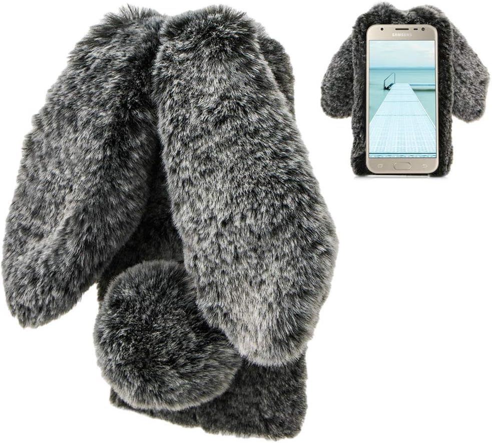 LCHDA Rabbit Case for Samsung Galaxy J3 2018, Cute 3D Bunny Ears Soft Furry TPU Bumper Cover for Women Girls